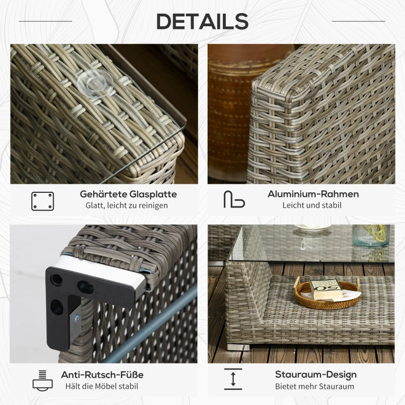 Outsunny Gartenmöbel-Set für 4 Personen aus PE-Rattan, wetterbeständig, abnehmbare Bezüge, Grau + Beige