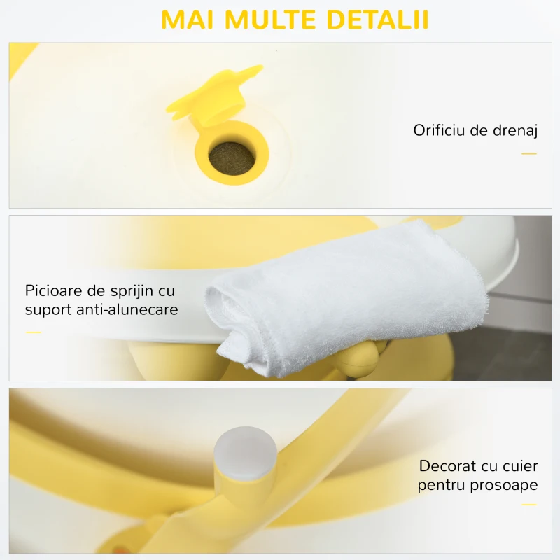 HOMCOM Cadita pentru baita pliabila pentru copii 0-3 ani cu indicator de temperatura si pernuta, 81.5x50.5x23.5 cm, alb