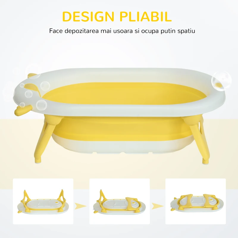 HOMCOM Cadita pentru baita pliabila pentru copii 0-3 ani cu indicator de temperatura si pernuta, 81.5x50.5x23.5 cm, alb