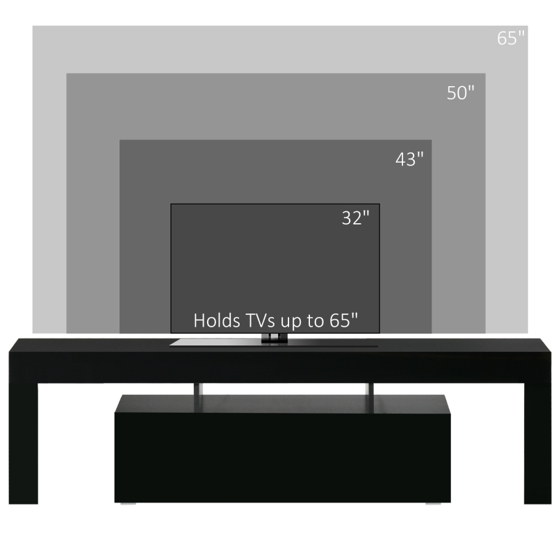 HOMCOM Comoda TV 65" max din MDF si sticla cu 3 compartimente deschise, un compartiment, lumini cu LED in 16 culori RGB, 160x35x45 cm, negru