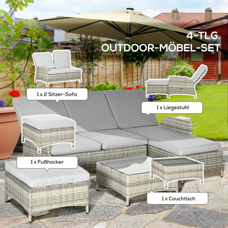 Outsunny Gartenmöbel-Set für 4 Personen aus PE-Rattan, wetterbeständig, abnehmbare Bezüge Grau