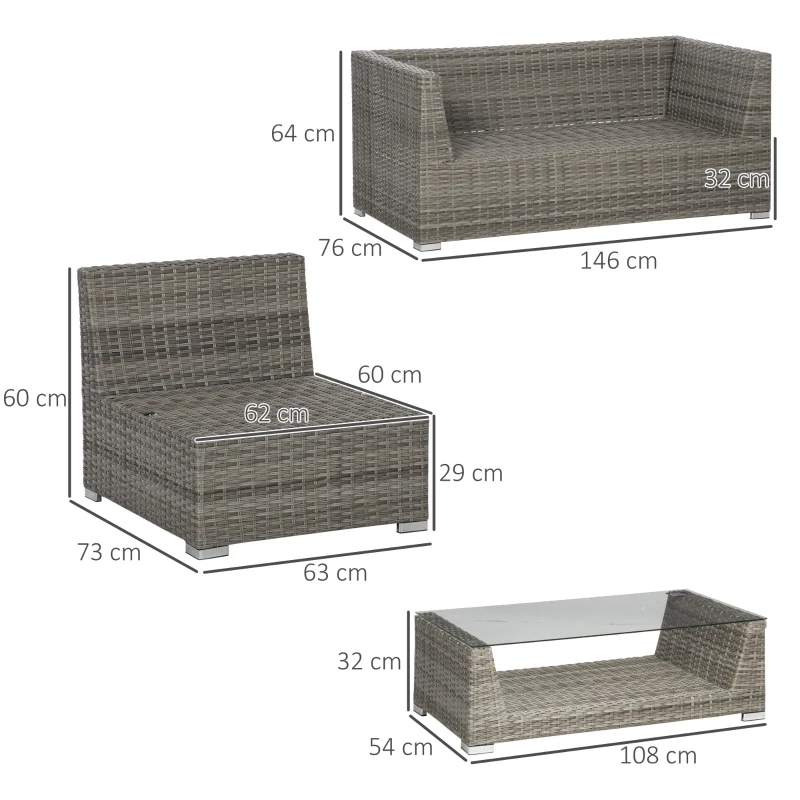 Outsunny Gartenmöbel-Set für 4 Personen aus PE-Rattan, wetterbeständig, abnehmbare Bezüge, Grau + Beige