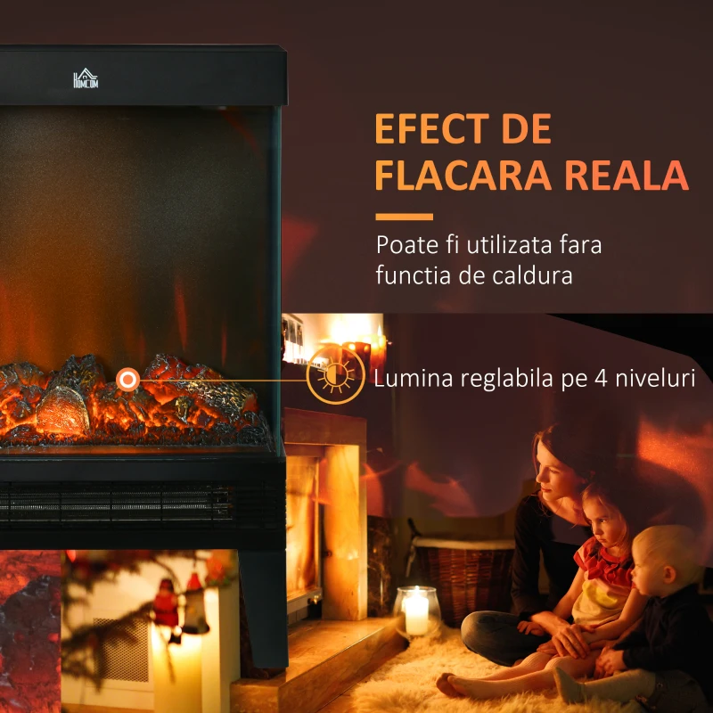 HOMCOM Incalzitor electric, cu efect de flacara LED, control al temperaturii, protectie impotriva supraincalzirii, 1000W/2000W, negru