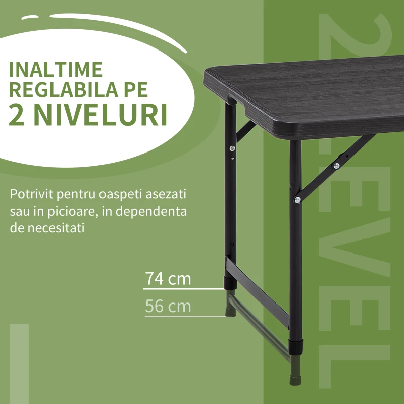 Outsunny Masa pliabila pentru gradina pentru 4 persoane, Masa dreptunghiulara de exterior cu inaltime reglabila, cu blat de masa din HDPE si cadru de otel, gri inchis