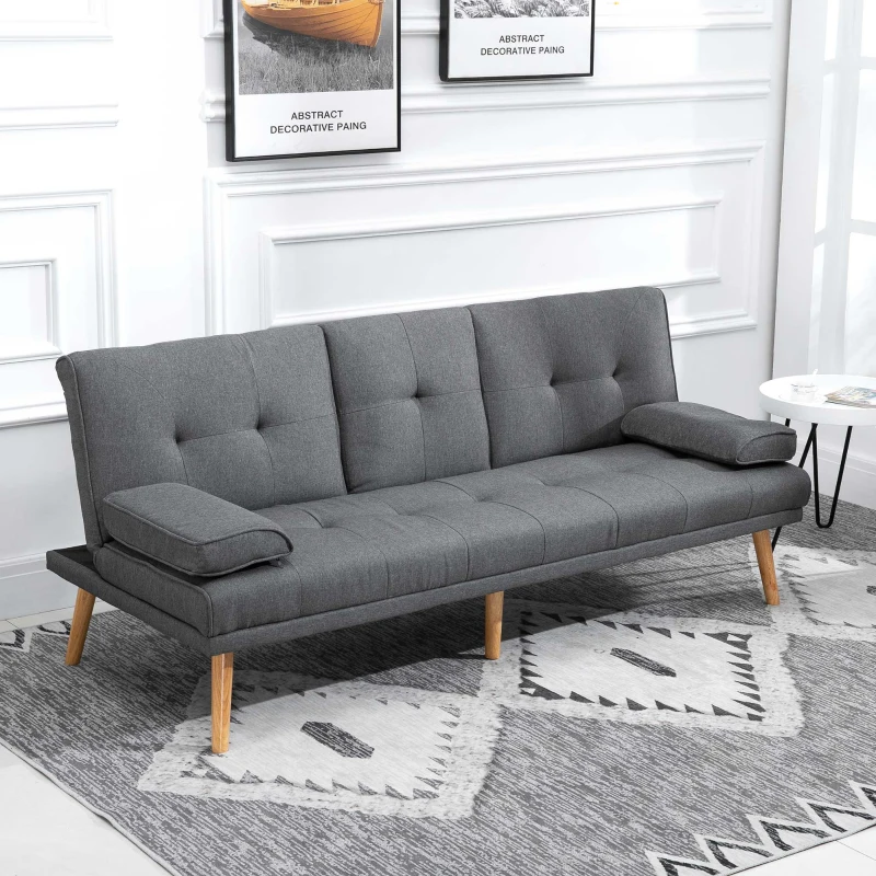 HOMCOM Canapea extensibila cu 3 locuri, 2 cotiere detasabile si covoras antiderapant. imitatie in si lemn de plop, 181x77x72cm, gri inchis(m-2)