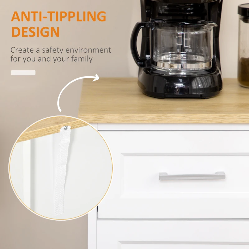 HOMCOM Dulap tip bufet, Dulap modern de bucatarie cu 3 sertare, 3 dulapuri cu usi, raft reglabil pentru zona de servit masa și camera de zi, alb