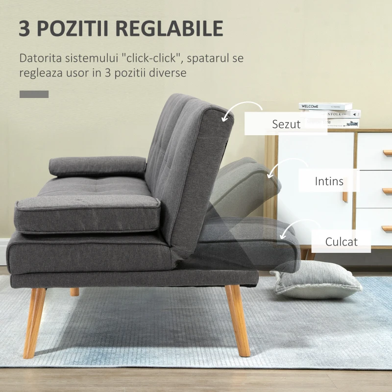HOMCOM Canapea extensibila cu 3 locuri, 2 cotiere detasabile si covoras antiderapant. imitatie in si lemn de plop, 181x77x72cm, gri inchis(m-5)