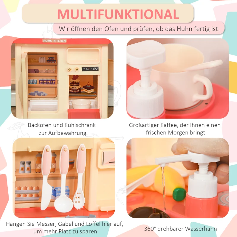 HOMCOM Kinderküche Spielzeugküche mit Zubehör Spielküche Küchenspielzeug mit Nebelbildung Wasserspray Lichter Musikfunktionen Spielzeugset für 3–6 Jahre PP-Kunststoff Rosa+Beige 60 x 27 x 84 cm