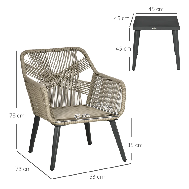 Outsunny Set Modern din 3 Piese cu Suporturi Ajustabile, Set de Cafea pentru Terasă din Împletitură Rotundă, 63x73x78 cm, Gri Deschis
