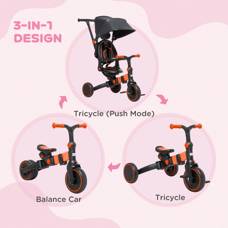 AIYAPLAY Tricicleta 3 in 1 pentru copii, Tricicleta pentru copii cu maner de impins reglabil, suport detasabil pentru picioare pentru 18-48 de luni, rosu