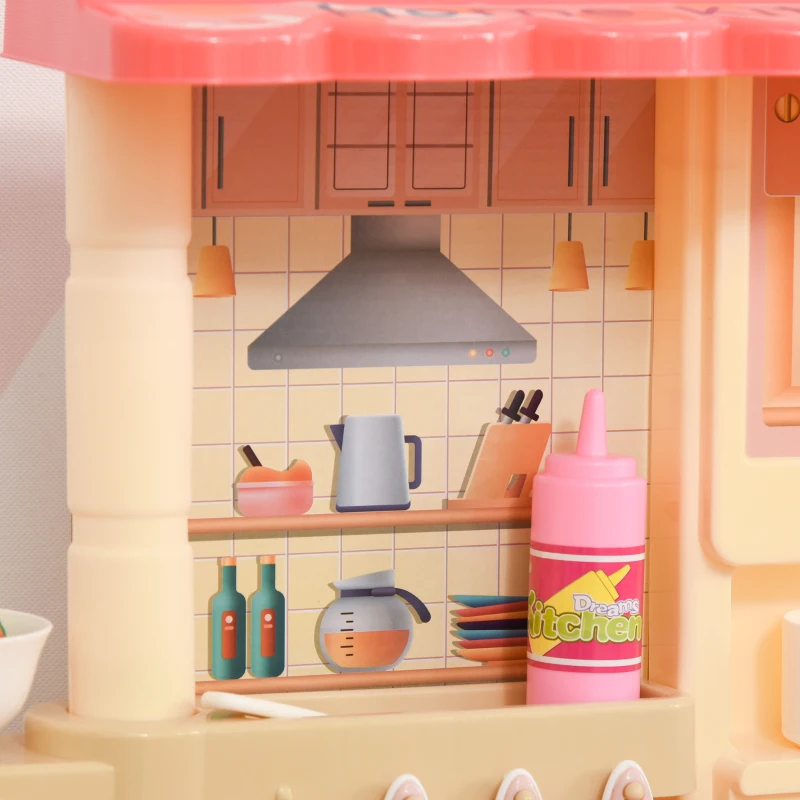 HOMCOM Kinderküche Spielzeugküche mit Zubehör Spielküche Küchenspielzeug mit Nebelbildung Wasserspray Lichter Musikfunktionen Spielzeugset für 3–6 Jahre PP-Kunststoff Rosa+Beige 60 x 27 x 84 cm