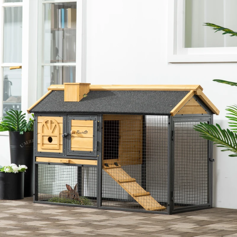 PawHut Cusca de Exterior pentru Iepuri, Cusca cu Tava Detasabila, Curte, Rampa, Casa pentru Animale Mici(m-2)