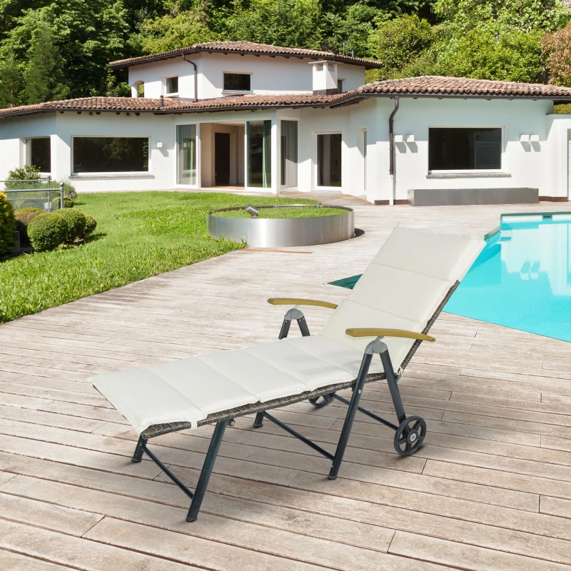 Outsunny Outdoor Rattan Wicker Sun Lounger Adjustable Backrest Foldable Chaise Lounge Relaxer Patio, Deck, Poolside