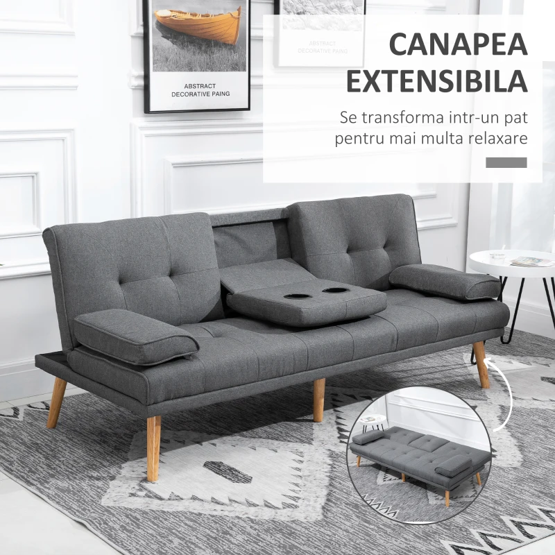 HOMCOM Canapea extensibila cu 3 locuri, 2 cotiere detasabile si covoras antiderapant. imitatie in si lemn de plop, 181x77x72cm, gri inchis(m-4)