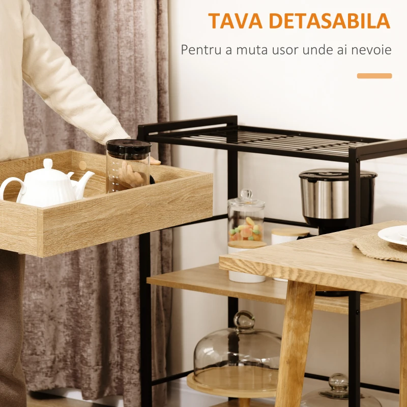 HOMCOM Carucior de bucatarie cu 3 rafturi si tava detasabila e roti mobile, carucior de bucatarie in stil industrial 65x40x86cm, lemn si negru