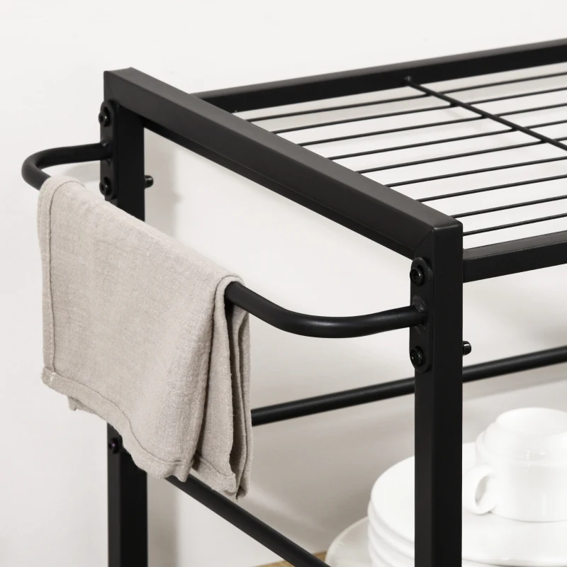 HOMCOM Carucior de bucatarie cu 3 rafturi si tava detasabila e roti mobile, carucior de bucatarie in stil industrial 65x40x86cm, lemn si negru