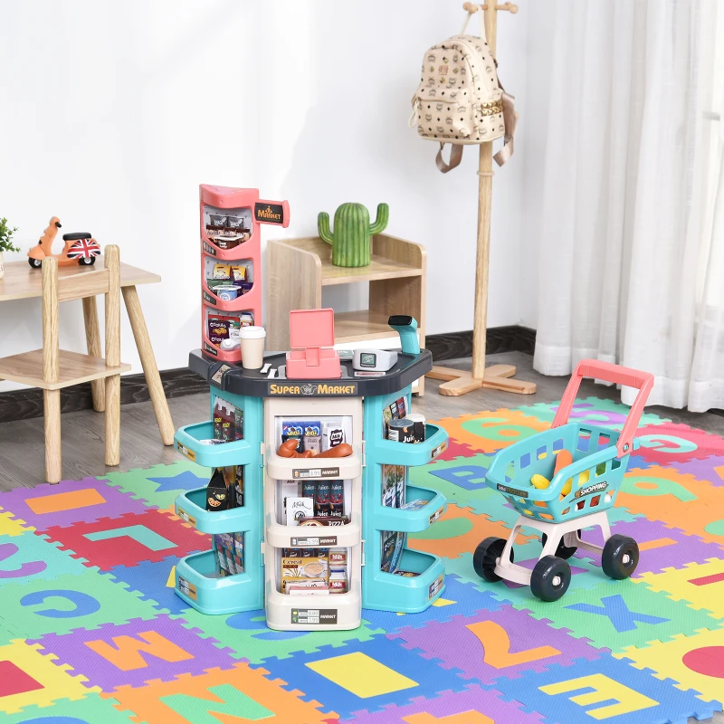 HOMCOM Supermercato Giocattolo per Bambini con 52 Accessori, Carrello della Spesa e Cassa