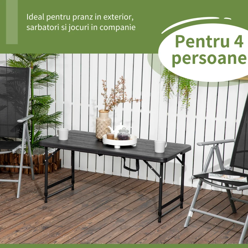 Outsunny Masa pliabila pentru gradina pentru 4 persoane, Masa dreptunghiulara de exterior cu inaltime reglabila, cu blat de masa din HDPE si cadru de otel, gri inchis