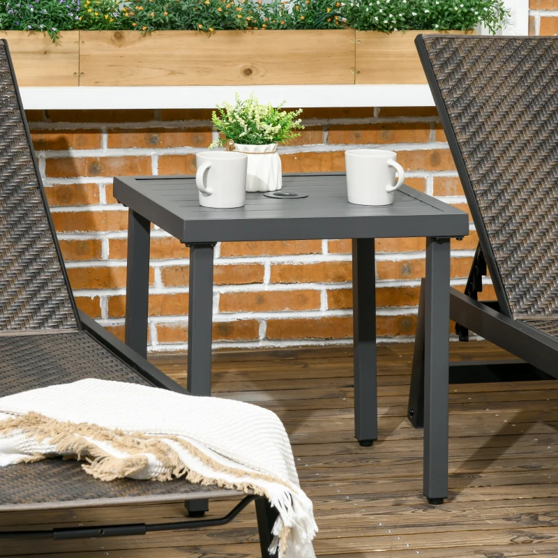 Outsunny Garden Side Table, 51x51cm Square Patio Coffee Table with Umbrella Hole, End Table with Steel Frame for Balcony, Grey