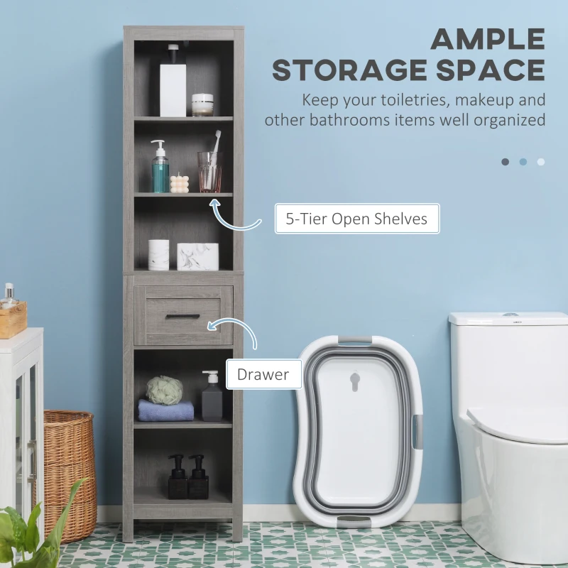 Kleankin Dulap de depozitare pentru baie Linen Tower cu sertar si raft pe 5 niveluri, gri