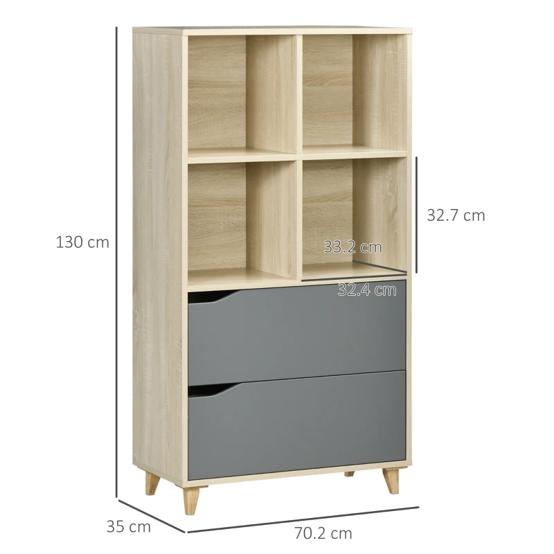 HOMCOM Biblioteca moderna din PAL si MDF cu 2 sertare si 4 rafturi deschise pentru sufragerie, birou si dormitor, 70,2x35x130 cm, culoare lemn si gri