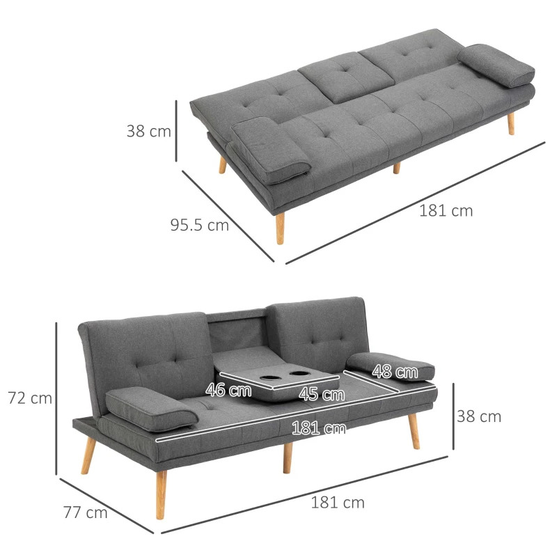 HOMCOM Canapea extensibila cu 3 locuri, 2 cotiere detasabile si covoras antiderapant. imitatie in si lemn de plop, 181x77x72cm, gri inchis(m-3)