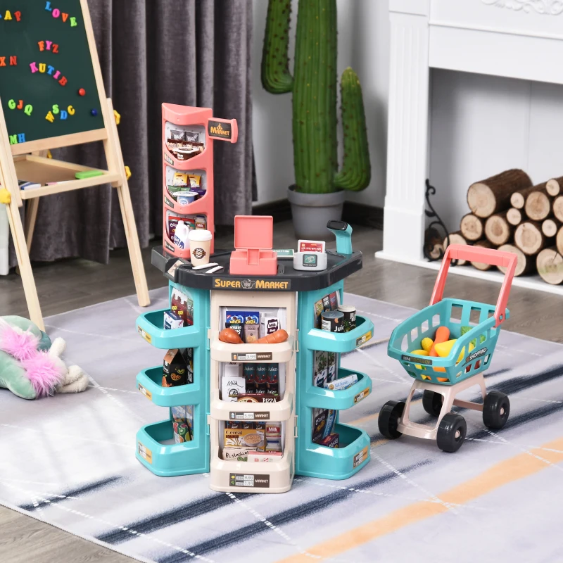 HOMCOM Supermercato Giocattolo per Bambini con 52 Accessori, Carrello della Spesa e Cassa