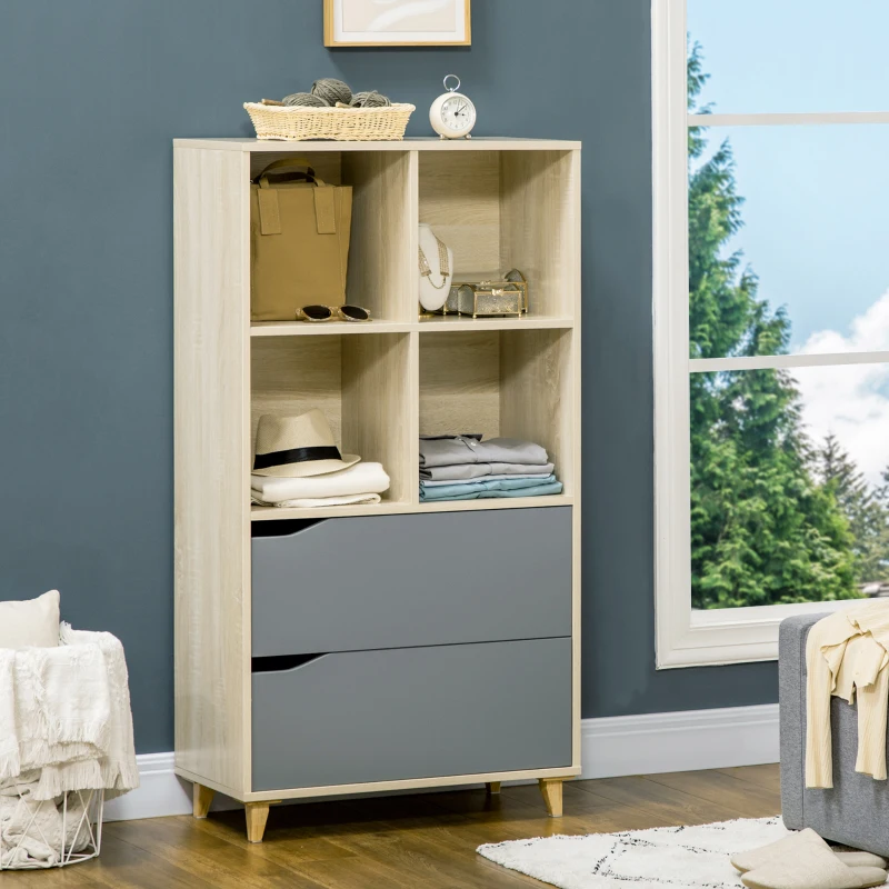 HOMCOM Biblioteca moderna din PAL si MDF cu 2 sertare si 4 rafturi deschise pentru sufragerie, birou si dormitor, 70,2x35x130 cm, culoare lemn si gri