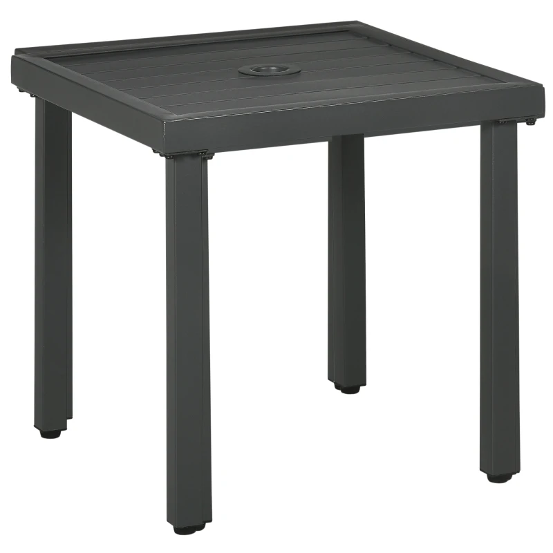 Outsunny Garden Side Table, 51x51cm Square Patio Coffee Table with Umbrella Hole, End Table with Steel Frame for Balcony, Grey