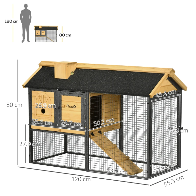 PawHut Cusca de Exterior pentru Iepuri, Cusca cu Tava Detasabila, Curte, Rampa, Casa pentru Animale Mici(m-3)
