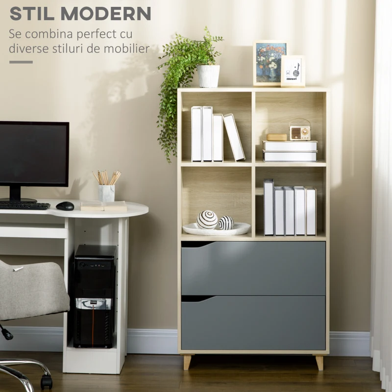HOMCOM Biblioteca moderna din PAL si MDF cu 2 sertare si 4 rafturi deschise pentru sufragerie, birou si dormitor, 70,2x35x130 cm, culoare lemn si gri