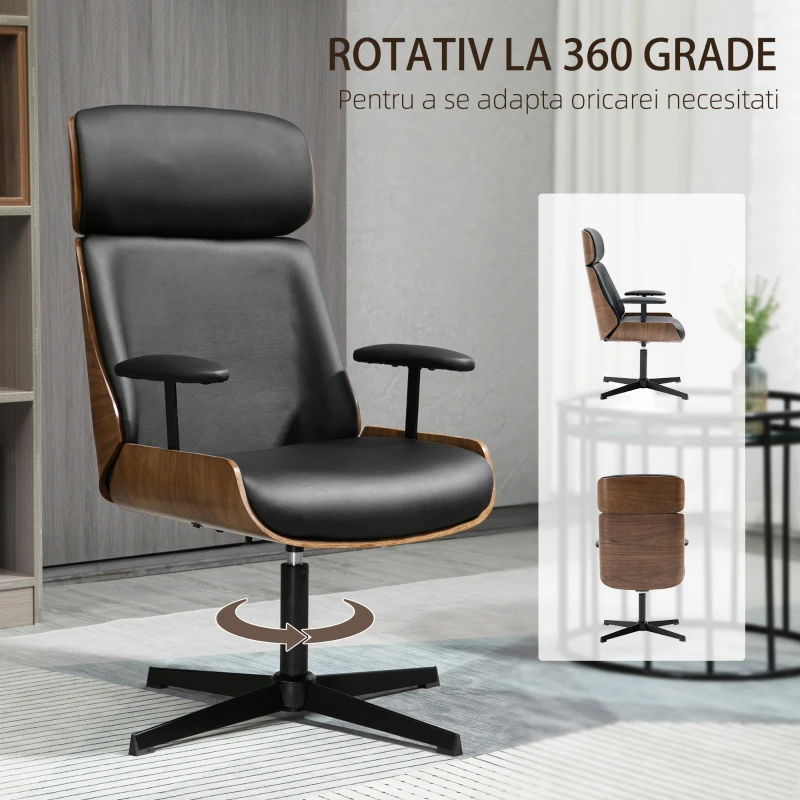 HOMCOM Scaun de birou din piele PU rotativ, simplu, modern, cu spatar inalt, scaun de computer, scaun de birou pivotant pentru casa si birou, negru
