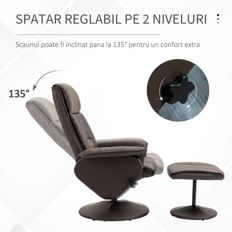 HOMCOM Scaun rabatabil si otoman cu baza infasurata, scaun pivotant din piele PU cu suport pentru picioare pentru sufragerie, dormitor si birou, maro