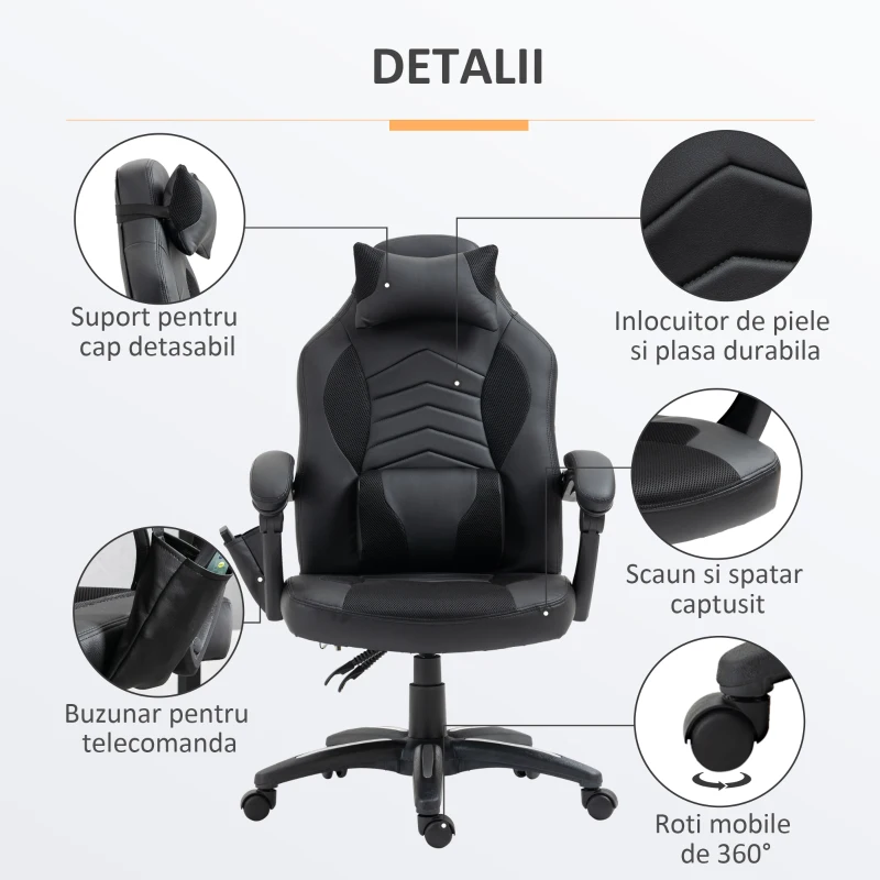 HomCom scaun gaming, masaj, incalzire 68×69×108-117cm