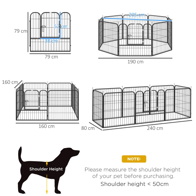 PawHut tarc Modular 8 Panouri – 79×79 cm, Metal Negru pentru Animale