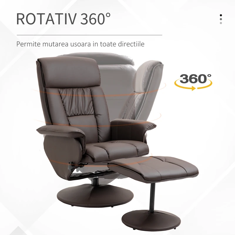 HOMCOM Scaun rabatabil si otoman cu baza infasurata, scaun pivotant din piele PU cu suport pentru picioare pentru sufragerie, dormitor si birou, maro
