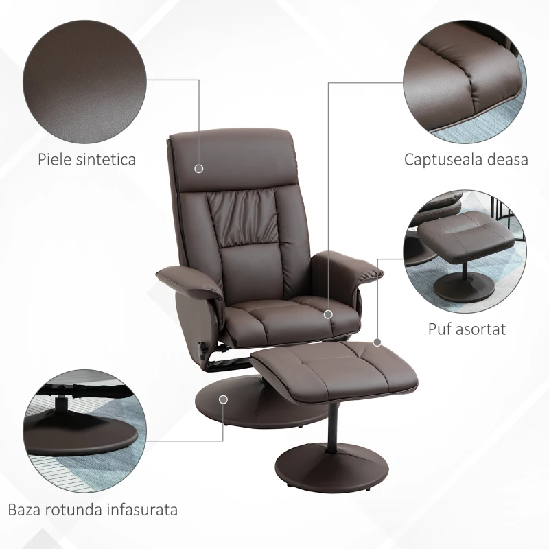 HOMCOM Scaun rabatabil si otoman cu baza infasurata, scaun pivotant din piele PU cu suport pentru picioare pentru sufragerie, dormitor si birou, maro