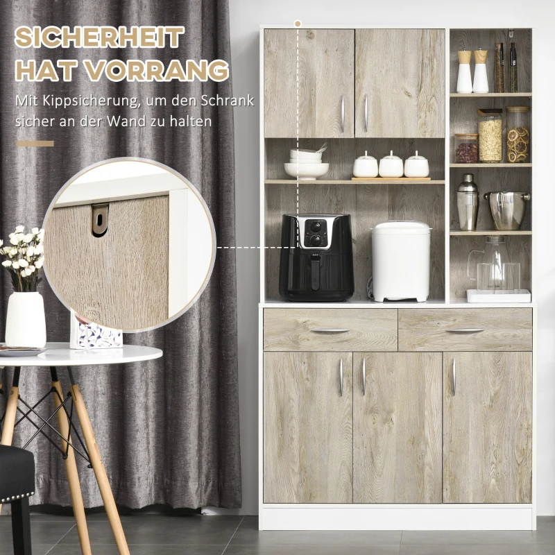 HOMCOM Küchenschrank Hochschrank mit 4 verstellbaren Einlegeböden offene Fächer Mikrowellenregal mit unterem 2 Schubladen Kommode Spanplatte Metall Naturholz+Weiß 100 x 39 x 180 cm