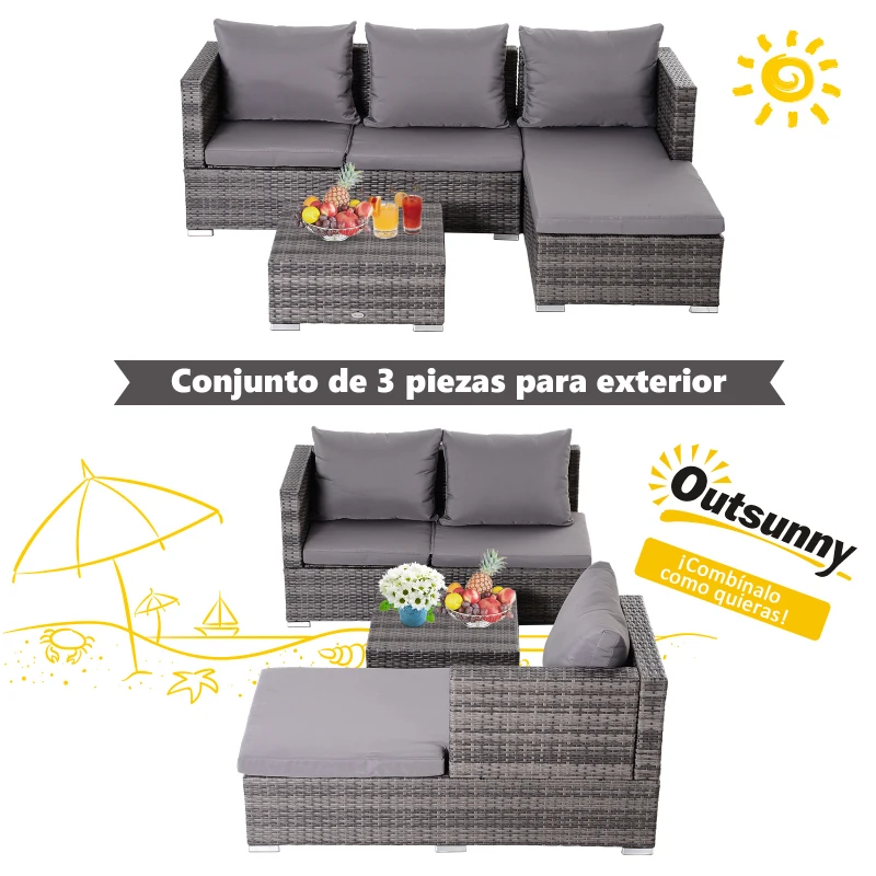 Outsunny Conjunto de sofá de vime de 3 peças com chaise longue e mesa de centro Encosto ajustável em altura amplo espaço de armazenamento cinza