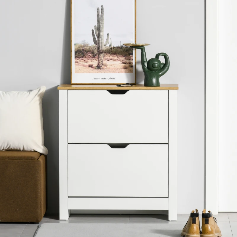 HOMCOM Narrow Shoe Cabinet, Space Saving Shoe Storage Cabinet with 2 Flip Drawers and Adjustable Shelves for 12 Pairs of Shoes for Hallways and Living Room, White(m-2)