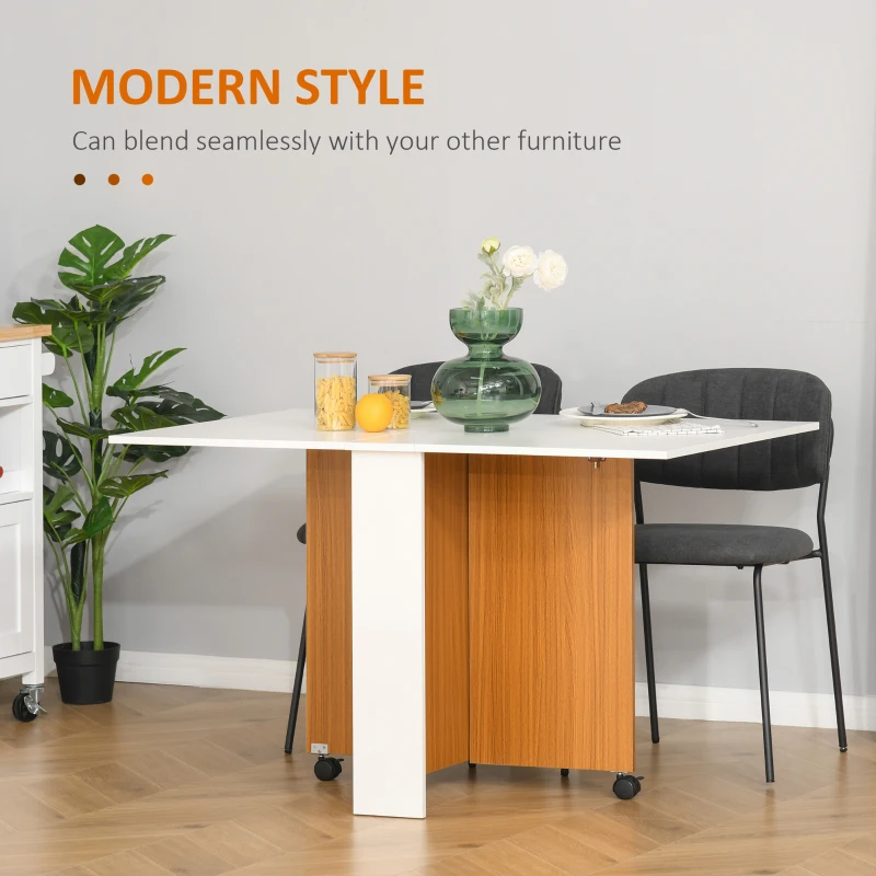 HOMCOM Folding Dining Table Writing Desk Workstation w/ Casters Teak Colour, White