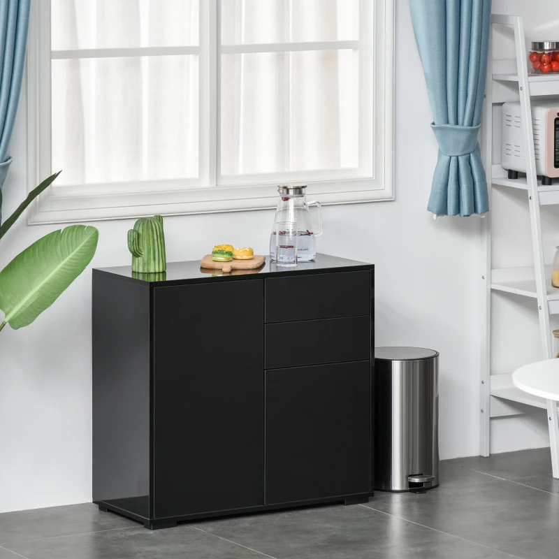 HOMCOM High Gloss Frame Sideboard, Side Cabinet, Push-Open Design with 2 Drawer for Living Room, Bedroom, Black