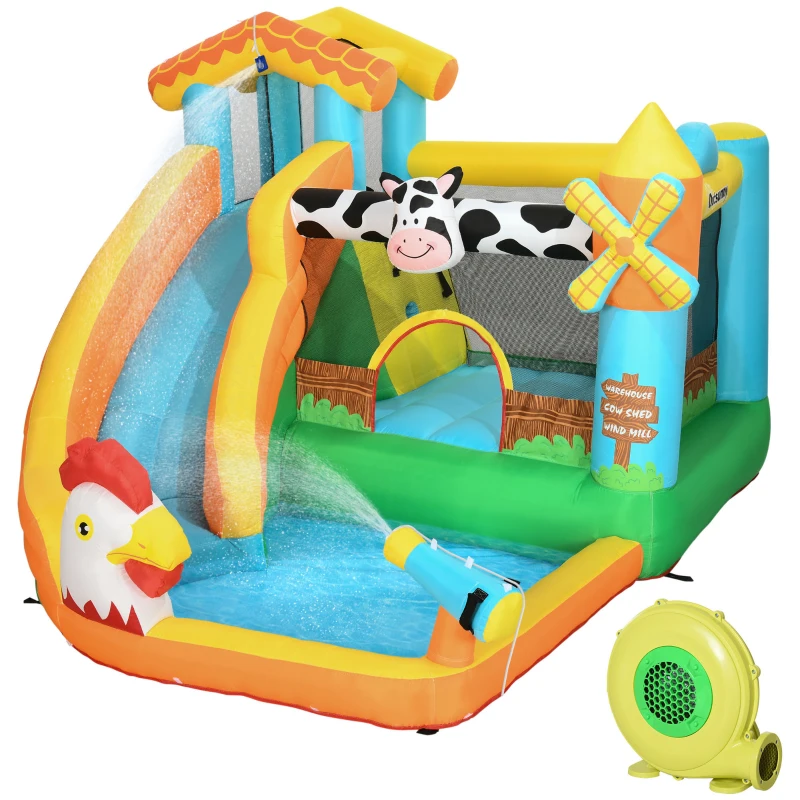 Outsunny 6-in-1 Kids Bounce House Inflatable Water Slide with Pool, Water Cannon, Climbing Wall, Inflator Included, Jumping Castle Kids Backyard Activity Outdoor Water Play Toy