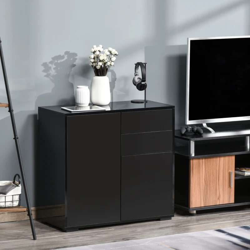 HOMCOM High Gloss Frame Sideboard, Side Cabinet, Push-Open Design with 2 Drawer for Living Room, Bedroom, Black