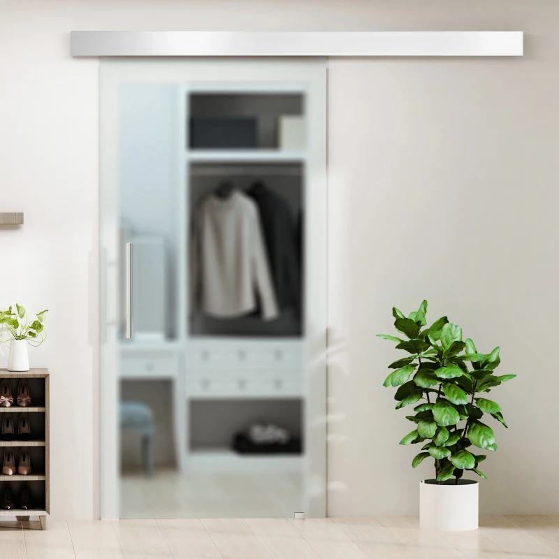HOMCOM 77.5cm Modern Sliding Door Set Kit w/ Frosted Glass Door Aluminium Rail Opaque Home Decoration DIY Office Style(m-12)
