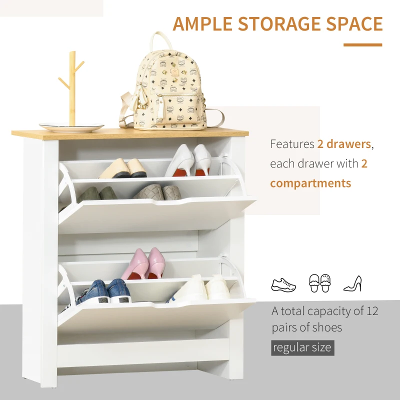 HOMCOM Narrow Shoe Cabinet, Space Saving Shoe Storage Cabinet with 2 Flip Drawers and Adjustable Shelves for 12 Pairs of Shoes for Hallways and Living Room, White(m-4)