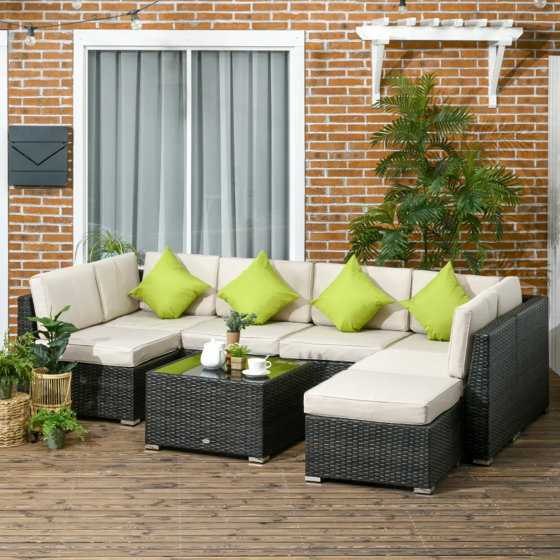 Outsunny 8-Piece PE Rattan Corner Sofa Set - Outdoor Garden Furniture, Patio Wicker Seating with Cushions, Washable Cushion Covers, and Tempered Glass Table, Brown
