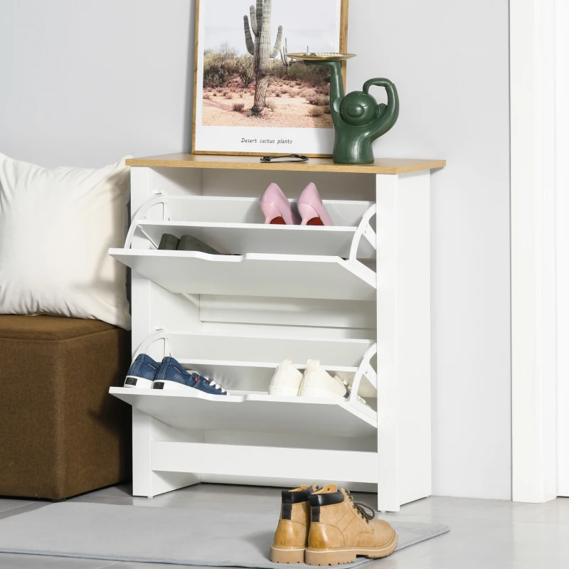 HOMCOM Narrow Shoe Cabinet, Space Saving Shoe Storage Cabinet with 2 Flip Drawers and Adjustable Shelves for 12 Pairs of Shoes for Hallways and Living Room, White(m-12)