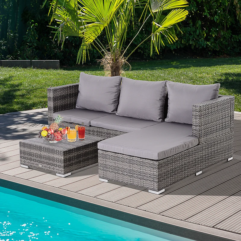 Outsunny Conjunto de sofá de vime de 3 peças com chaise longue e mesa de centro Encosto ajustável em altura amplo espaço de armazenamento cinza