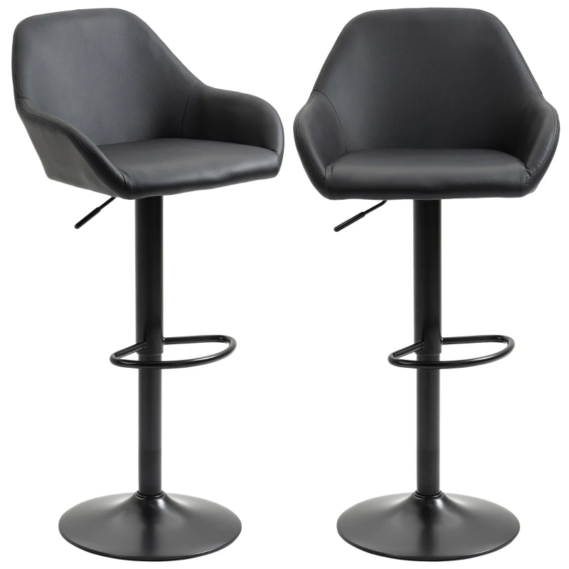 HOMCOM Adjustable Bar Stools Set of 2, Swivel Barstools with Footrest and Backrest, PU Leather and Steel Base, for Kitchen Counter and Dining Room, Black